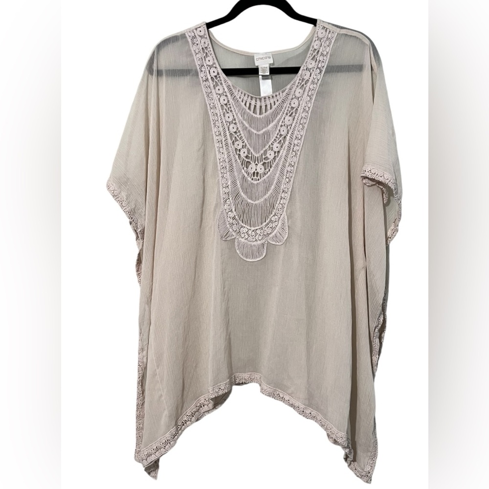 Chico’s Crochet Lace sheer Poncho cover up oversized‎ beige size small/medium